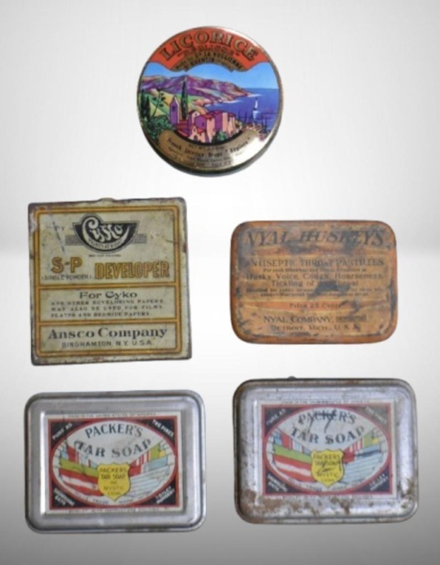 (5) Vintage tins: Packer's Tar Soap; Nyal Huskey's Throat Pastilles; Cyko S-P Developer; French Licorice Drops