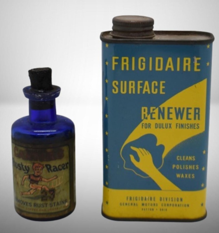 Frigidaire Surface Renewer polish can; Carter's Rusty Racer bottle