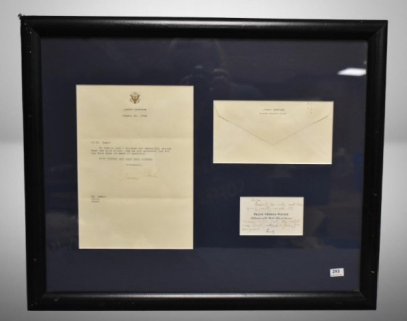 Former Pres. Jimmy Carter memorabilia - letter (dated 1988) of thanks to Mr. Samir (Cairo, Egypt), envelope and handwritten note from Frank George Wisner (former Ambassador of the USA)
