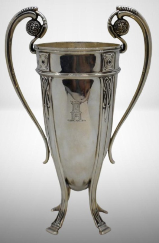 English Goldsmiths and Silversmiths Co. Sterling 9.75"h 2-handled cup or trophy, inscribed along foot from R.W. Duff, March, 1904