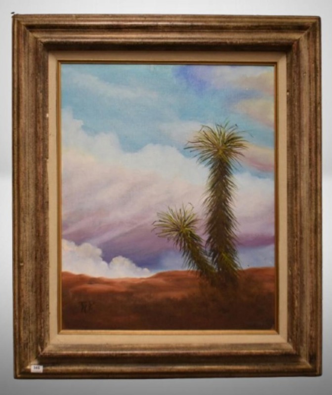 Framed painting of two tall yucca plants in desert landscape, artist initials TW "80"