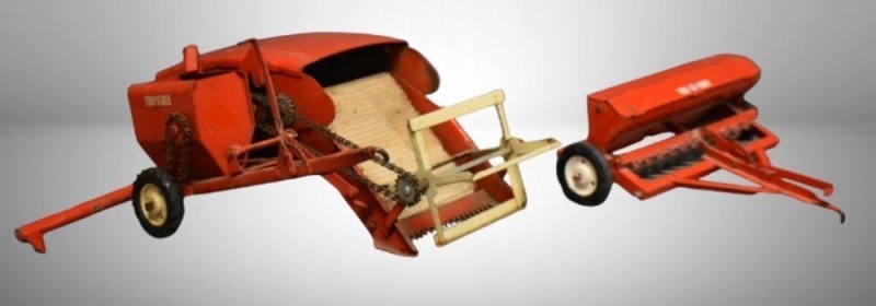 (2) 1950's Tru-Scale farm toys: pull-type combine; grain drill