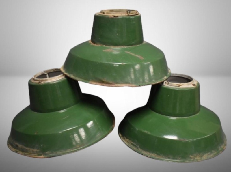 (3) Porcelain green enamel gas station/ barn lighting shades, 15.5"d