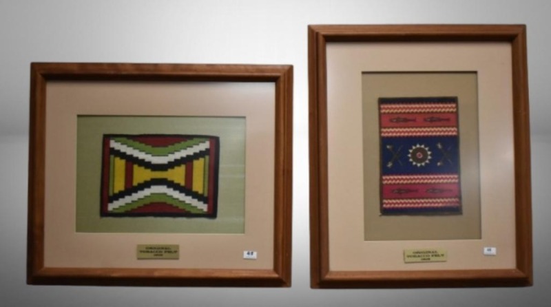 (2) 1909 Original Tobacco Felt mini cigarette rugs, Native American motif