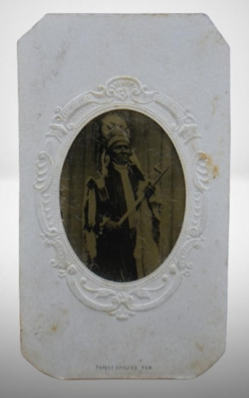 Tin type photo of Native American Indian Chief in full headdress