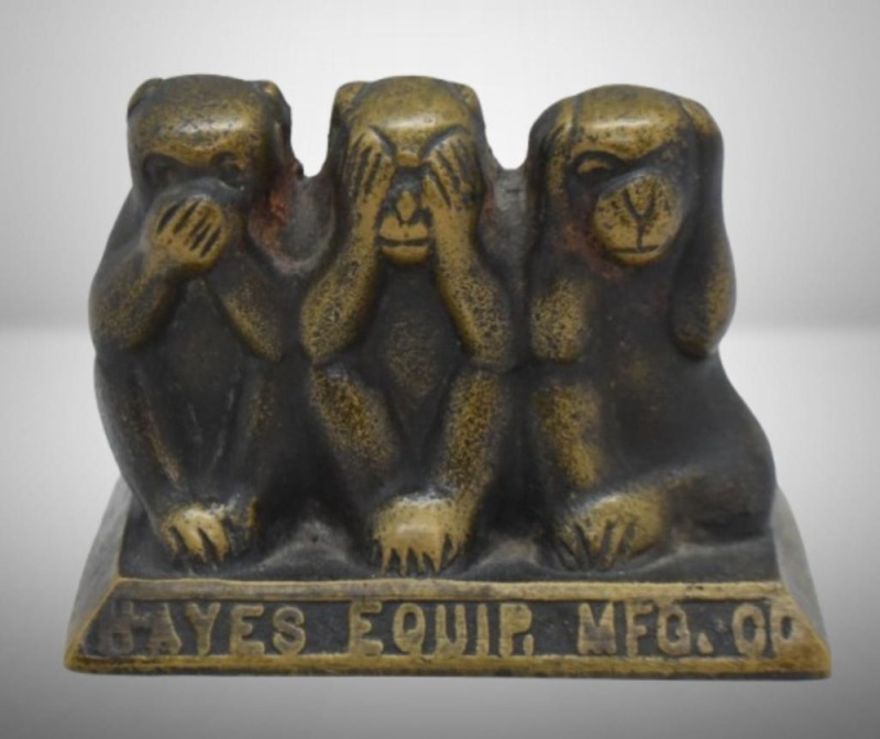 3 Wise Monkeys brass advertising paperweight - Hayes Equip. Mfg. Co., Wichita, KS