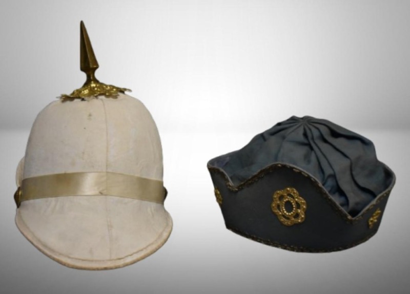 (2) Vintage hats: U.S. military dress sun helmet w/ bronze spike; decorative hat w/ gold-colored embellishments, poss. ceremonial or historical use