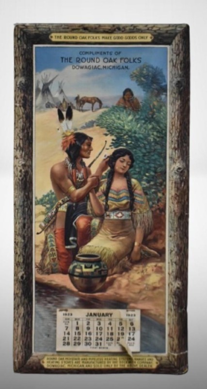 1934 advertising calendar - The Round Oak Folks, Dowagiac, MI, Indian print by H. Hergert
