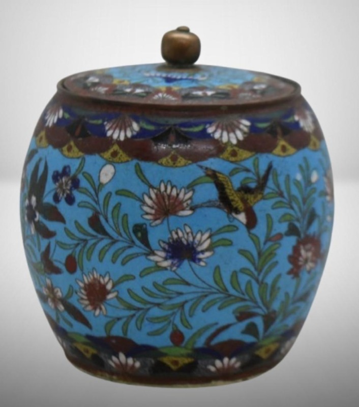 Chinese Cloisonne 6"h ginger jar w/ lid, flowers and birds motif