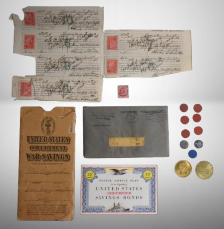 Assortment of 1900's U.S. savings bonds book, Gov't. Thrift Card, War rations, old tokens, etc.