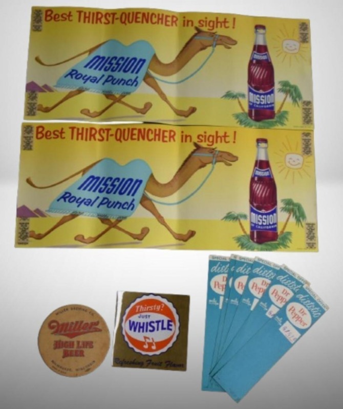 Mission Royal Punch adver. posters; Miller High Life Beer coaster, etc.