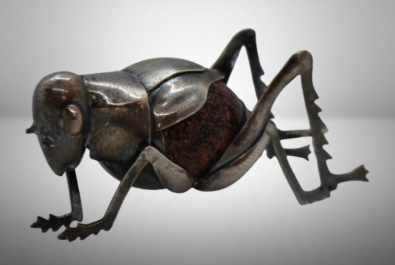 Mexican Sterling Silver grasshopper figurine w/ large speckled brown cabochon stone body, additional marks and nunbers but difficult to make out