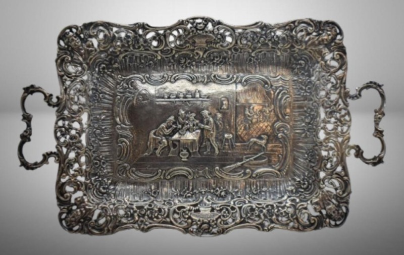 Mrkd. Sterling 930 dbl. handled tray w/ Tavern scene, heavily embossed and highly decorated border