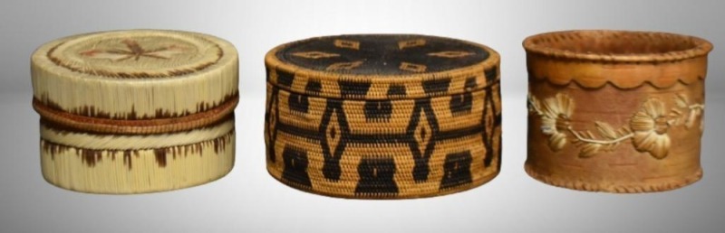 (3) Vintage baskets: Romblon Island Phillipines w/ lid, 3.5"h x 7"d; porcupine quill w/ lid, 3.5"h x 6"d; leather w/ porcupine quill designs, 4"h x 5"d