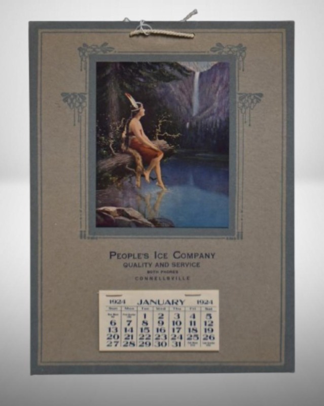 1924 advertisng calendar - People's Ice Co., Connellsville, Indian maiden dipping toe in water print