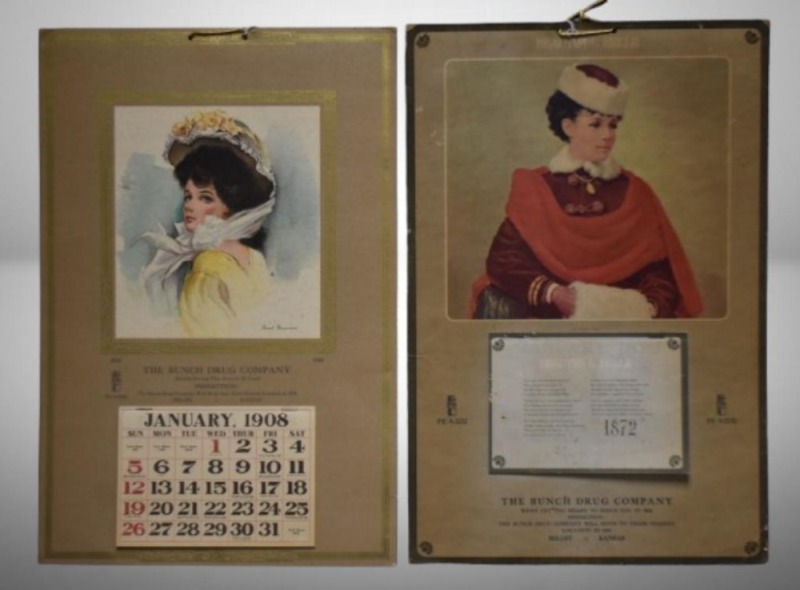 (2) Advertising calendars - The Bunch Drug Co., Beloit, KS: 1908, "Sweet Genevieve"; 1872, "Beautiful Belle"