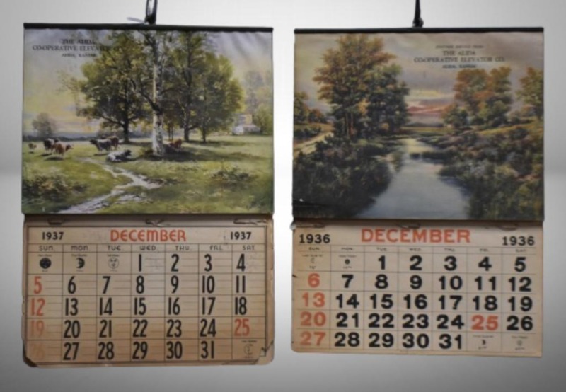 (2) Advertising calendars - Alida Co-op Elevator Co., Alida, KS: 1936 and '37, country landscape scenes