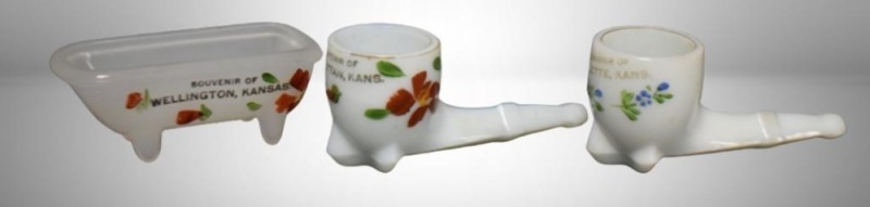 (3) Souv. Kansas milk glass advertising pieces: (2) Pipe-shaped toothpick holders - Sublette and Manhattan; Bath tub - Wellington