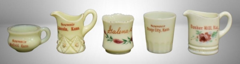 (5) Souv. Kansas Custard glass advertising pieces: (2) 2.75" creamers - Bunker Hill and Lincoln; (2) 2.5" toothpick holders - Galena and Osage City; (1) 1.5" mini mug/ match holder - Winfield