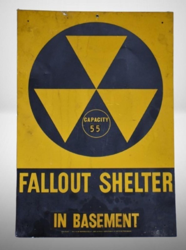 Tin "Fallout Shelter in Basement" sign/ Capacity 55