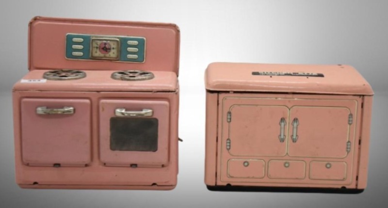 1950's tin toy Kitchen Ette 4-rotation range/ sink/ dishwasher/ refrigerator; pink tin stove/ oven w/ cooking chicken; GE pink cabinet Structo Appearance Replicas
