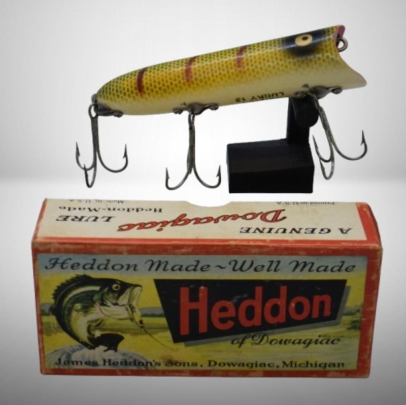 Heddon Lucky 13 fishing lure with box and pocket catalog