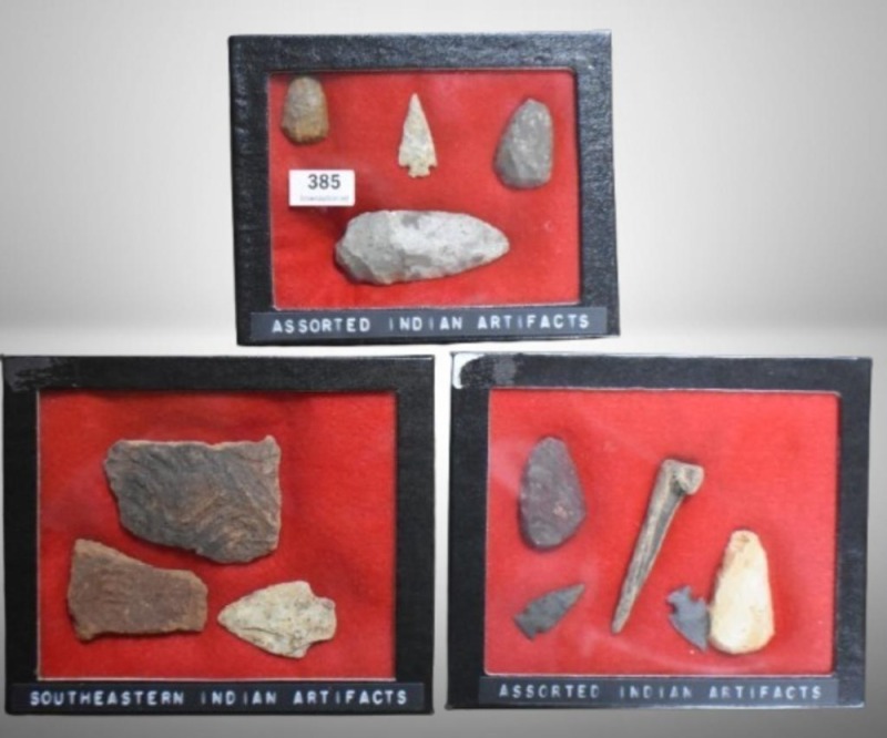 (3) Small displays of Indian artifacts incl. arrowheads, points, shards, etc.