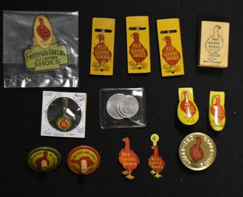(14) Red Goose Shoes novelties incl. mini tops, pencil clip, eraser, tokens, etc.