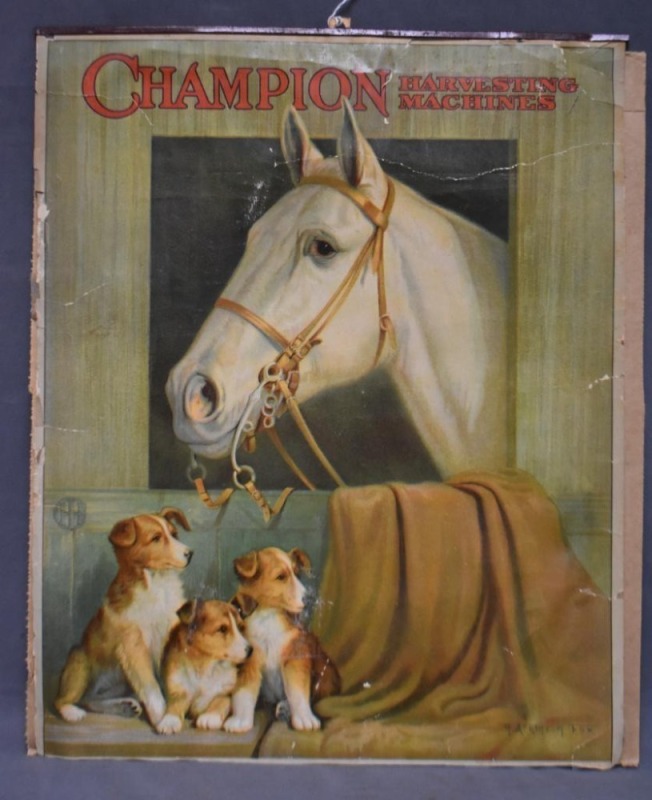 Horse in Stable/ Puppies (R.A. Fox) calendar cover - Champion Harvesting Machines adver.
