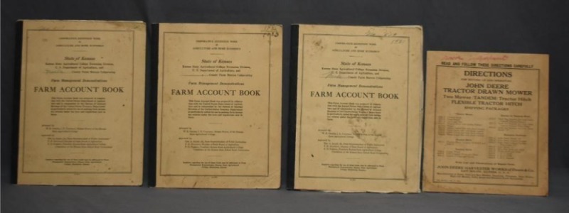 (3) Early 1930's K-State Farm Account Books belonging to H.H. Hildebrand, Fowler, KS + John Deere Tractor Drawn Mower manual