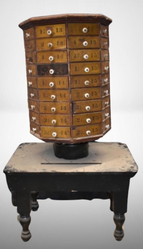 8-sided wooden bolt bin, porcelain pulls