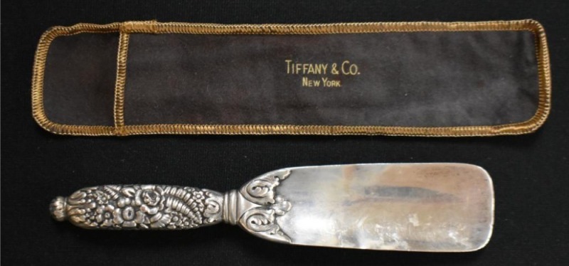 Mrkd. Tiffany and Co. Sterling Silver shoe horn, heavily embossed handle