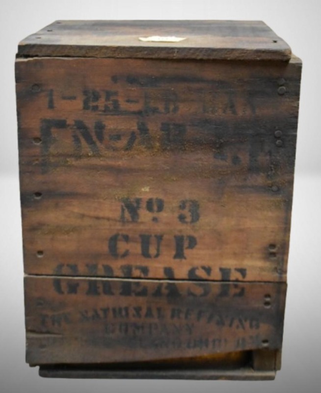 En-Ar-Co NOS No. 3 Cup Grease oil can in original wooden shipping crate,