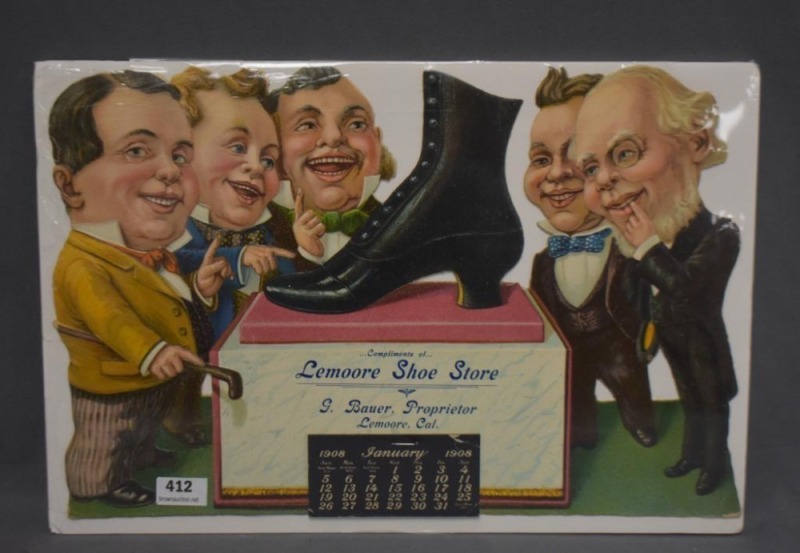 1908 cut-out advertising calendar - Lemoore Shoe Store, Lemoore, CA