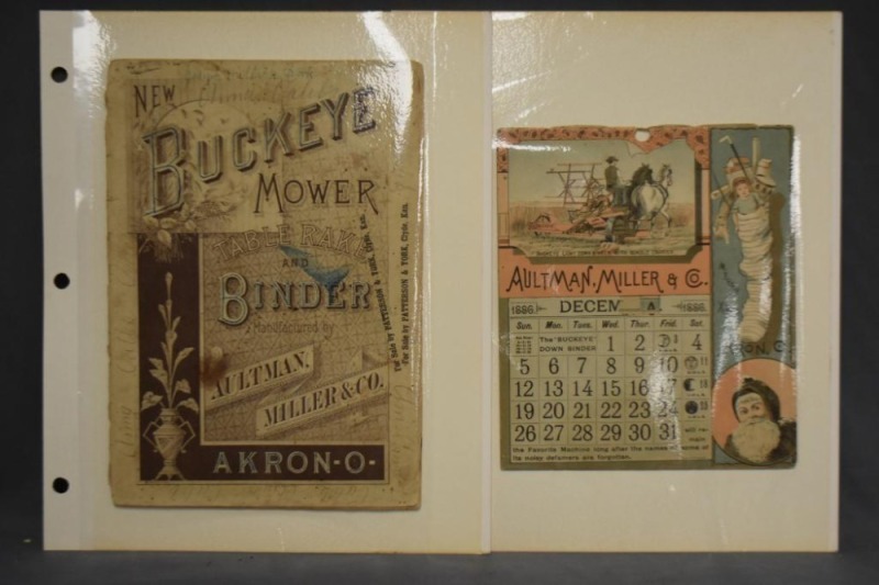 (3) Buckeye Mfg. Co. paper items: 1885 advertising calendar; Dec. 1886 calendar page; Mower Table Rake and Binder manual