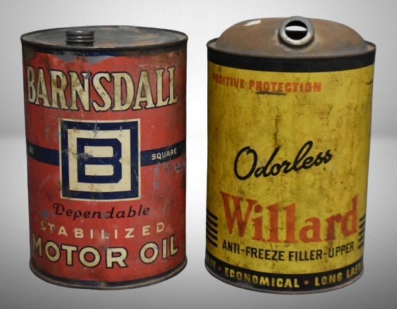 (2) 5 qt. oil cans - Barnsdale & Willard anti-freeze