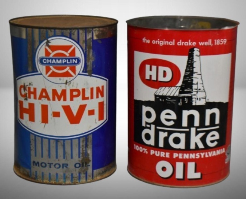 (2) 5 qt. oil cans - Champlin HI-V-I & Penn Drake