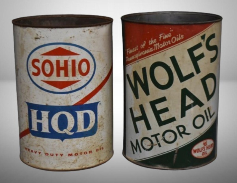 (2) 5 qt. oil cans - Sohio HQD & Wolf's Head