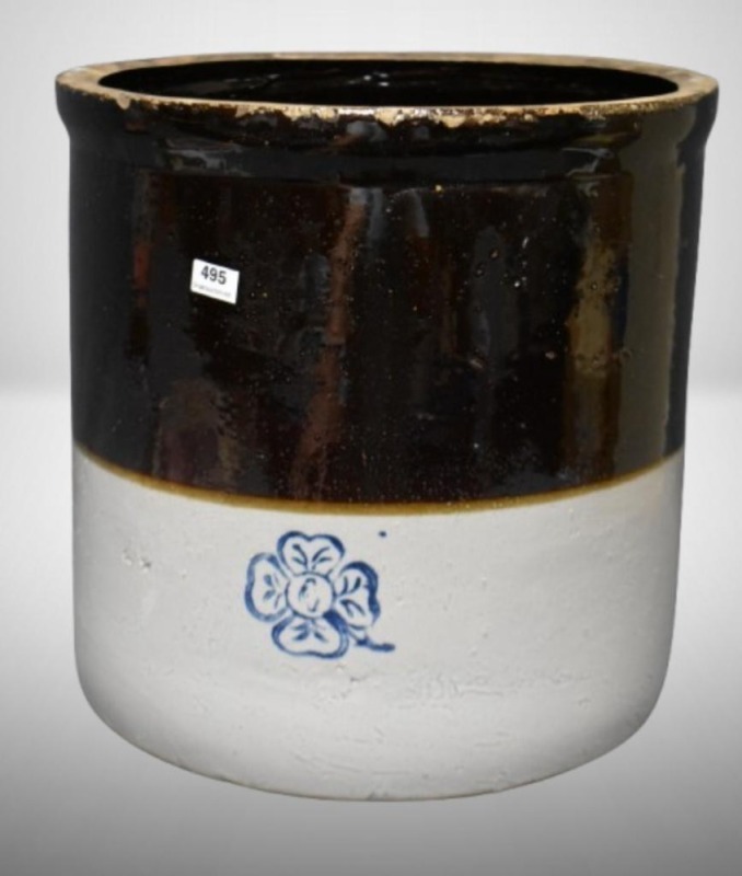 Alabama Miller Stoneware No. 4 crock, cobalt 4-leaf clover