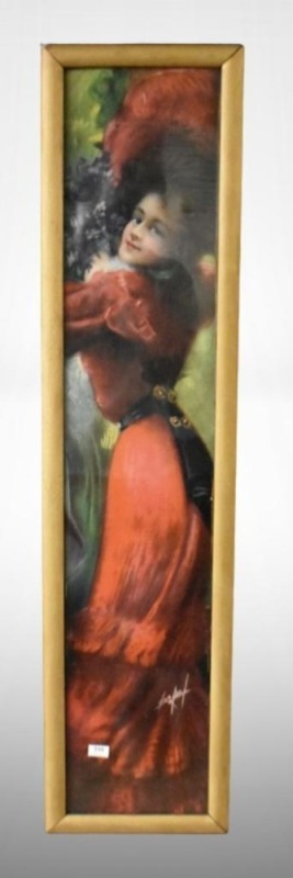 Vintage yard long print of woman in red dress and large (this print was often used for Pabst Malt Extract adver)