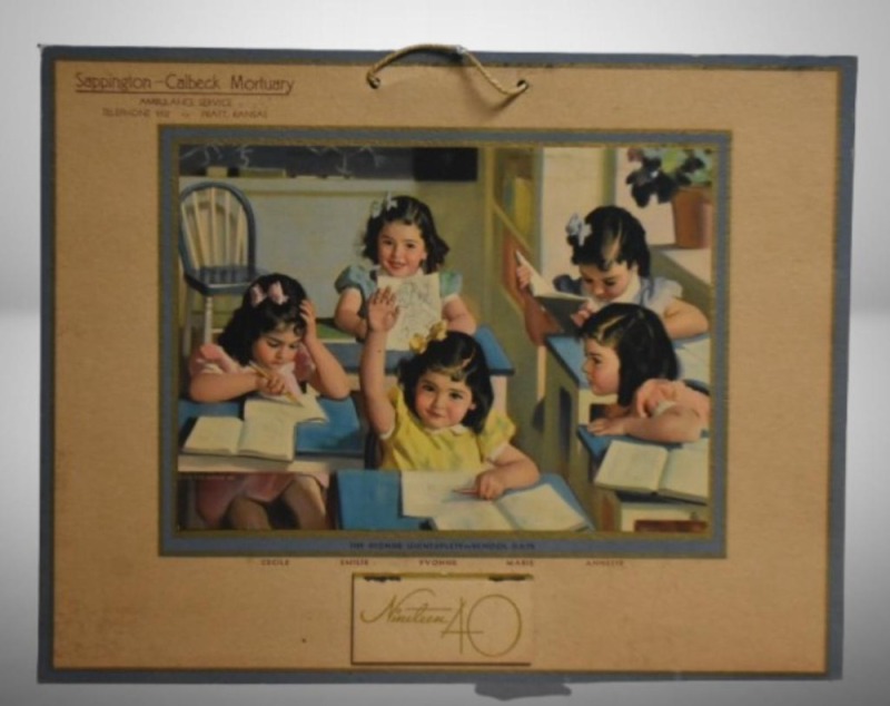 1940 advertising calendar - Sappington-Calbeck Mortuary, Pratt, KS, "The Dionne Quintuplets - School Days"