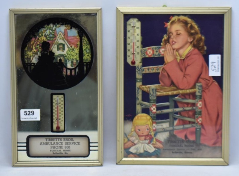 (2) Tibbetts Bros. Funeral Home, Belleville, KS advertising picture thermometers