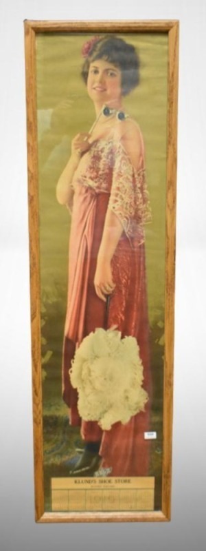 Yard long 1919 calendar advertising print for Klund's Shoe Store, Bloomer, WI, pretty girl attending the opera