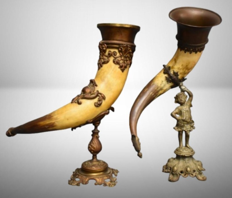 (2) 19th Century Victorian Baroque drinking horns: 1-copper base, 16"; 1-spelter figural base, 18" - unique items!