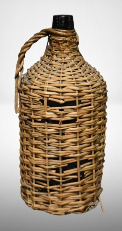 Wicker-covered 14" green liquor bottle
