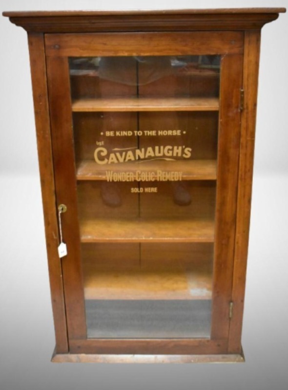 "Cavanaugh's Wonder Colic Remedy" store display cabinet w/ glass front
