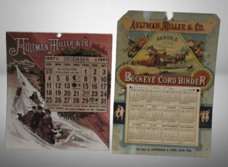 (2) Aultman, Miller and Co. Farm Equipment advertising calendars: 1887, Buckeye Binder, complete; not sure of date, Buckeye Cord Binder