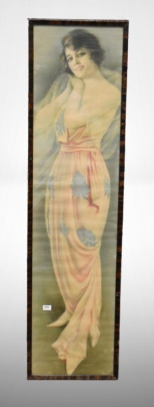 Vintage Yard long print of young woman in long wispy evening gown