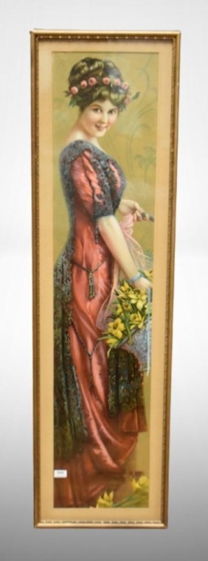 Vintage yard long print of young girl holding daffodils (this print was used for 1911 Pabst Malt Extract adver.)