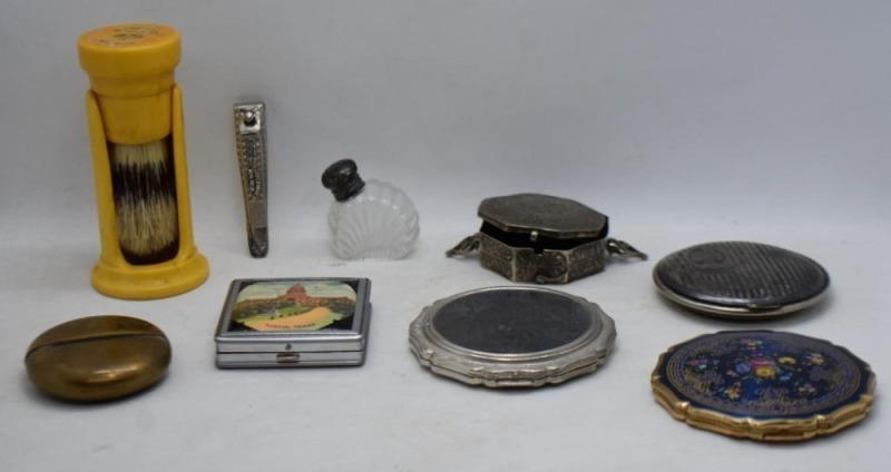 Box lot assortment of Victorian compacts, perfume bottles and Fuller shaving brush